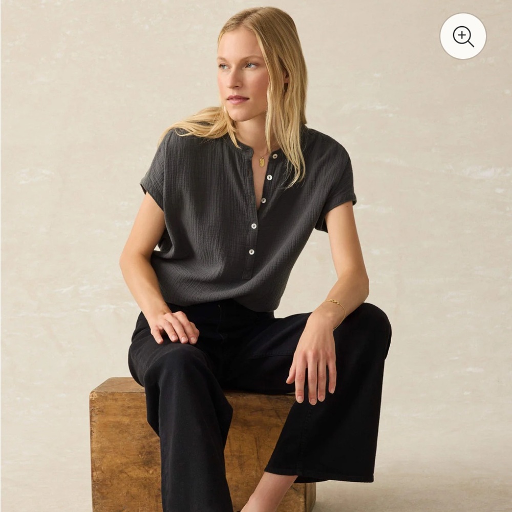 Faherty Charcoal Short-Sleeve Button Henley Blouse